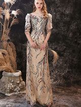 Modern Evening Dress Sheath Jewel Neck Lace Floor-Length Lace Formal Party Dresses-Ballbella