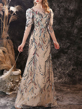 Modern Evening Dress Sheath Jewel Neck Lace Floor-Length Lace Formal Party Dresses-Ballbella