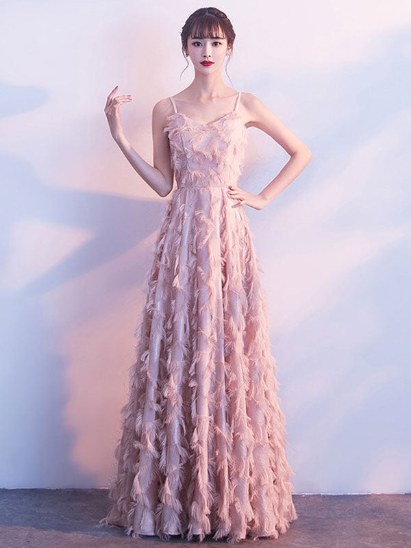 Modern Evening Dresses Blush Pink Long Halter Feathers Sleeveless