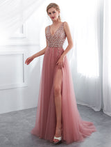 Modern Evening Dresses Cameo Pinkv Neck Beading A Line Formal Evening Dress With Train-Ballbella