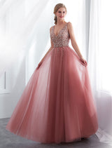 Modern Evening Dresses Cameo Pinkv Neck Beading A Line Formal Evening Dress With Train-Ballbella