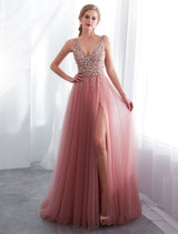Modern Evening Dresses Cameo Pinkv Neck Beading A Line Formal Evening Dress With Train-Ballbella