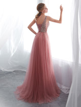 Modern Evening Dresses Cameo Pinkv Neck Beading A Line Formal Evening Dress With Train-Ballbella