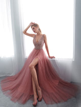 Modern Evening Dresses Cameo Pinkv Neck Beading A Line Formal Evening Dress With Train-Ballbella