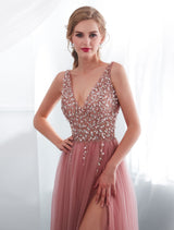 Modern Evening Dresses Cameo Pinkv Neck Beading A Line Formal Evening Dress With Train-Ballbella
