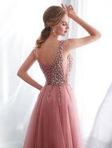 Modern Evening Dresses Cameo Pinkv Neck Beading A Line Formal Evening Dress With Train-Ballbella