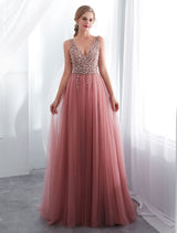 Modern Evening Dresses Cameo Pinkv Neck Beading A Line Formal Evening Dress With Train-Ballbella