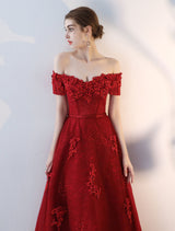 Modern Evening Dresses Long Burgundy Off The Shoulder evening dress Lace Applique Heavy Beading Sash Floor Length Formal Evening Dress-Ballbella
