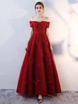 Modern Evening Dresses Long Burgundy Off The Shoulder evening dress Lace Applique Heavy Beading Sash Floor Length Formal Evening Dress-Ballbella