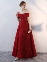 Modern Evening Dresses Long Burgundy Off The Shoulder evening dress Lace Applique Heavy Beading Sash Floor Length Formal Evening Dress-Ballbella