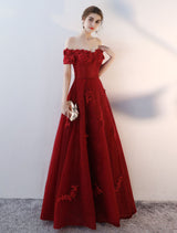 Modern Evening Dresses Long Burgundy Off The Shoulder evening dress Lace Applique Heavy Beading Sash Floor Length Formal Evening Dress-Ballbella