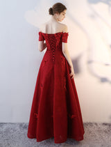 Modern Evening Dresses Long Burgundy Off The Shoulder evening dress Lace Applique Heavy Beading Sash Floor Length Formal Evening Dress-Ballbella