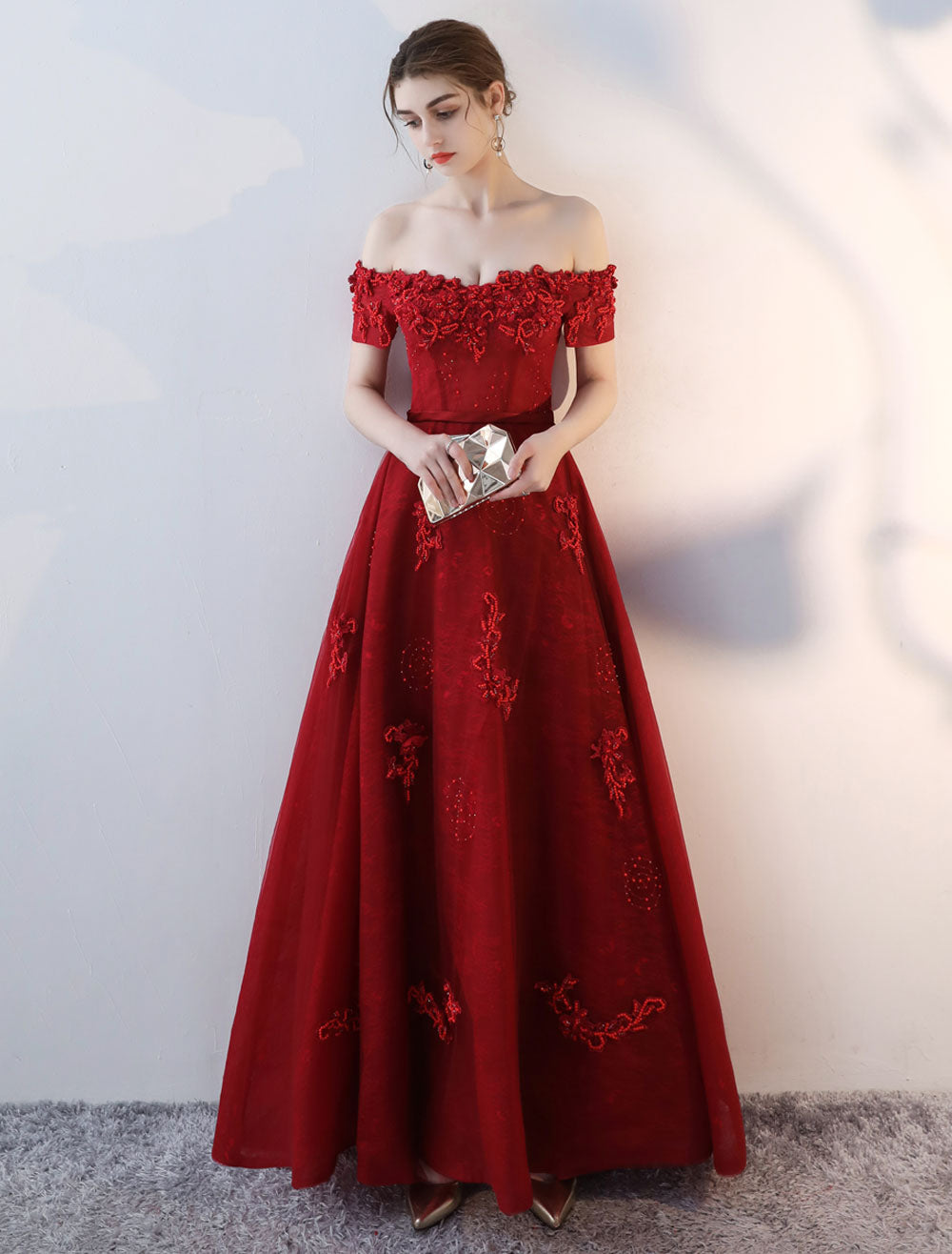 Modern Evening Dresses Long Burgundy Off The Shoulder Evening Dress Lace Applique Heavy Beading Sash Floor Length Formal Evening Dress