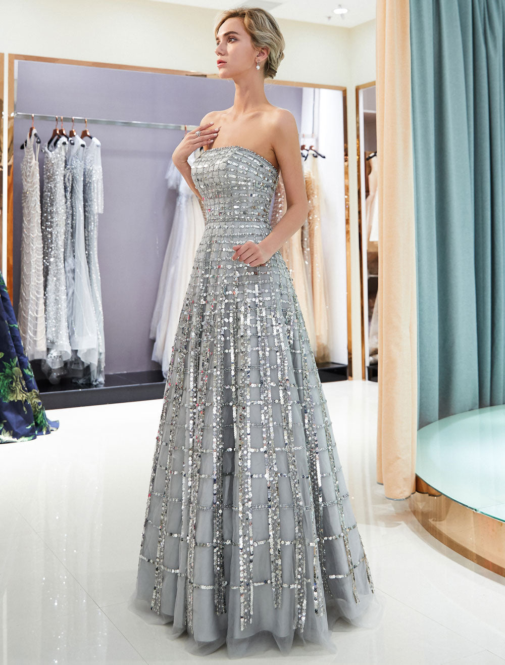 Modern Evening Dresses Long Strapless Sequin Light Grey Floor Length Luxury Women Pageant Dress Modern Evening Dresses Long Strapless Sequin Light Grey Floor Length Luxury Women Pageant Dress