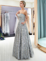 Modern Evening Dresses Long Strapless Sequin Light Grey Floor Length Luxury Women Pageant Dress-Ballbella