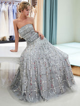 Modern Evening Dresses Long Strapless Sequin Light Grey Floor Length Luxury Women Pageant Dress-Ballbella