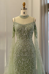 Modern High Neck Pearls Prom Dress Mermaid Long With Ruffle-Ballbella