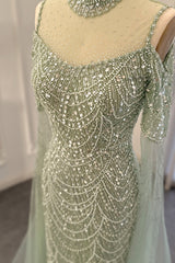 Modern High Neck Pearls Prom Dress Mermaid Long With Ruffle-Ballbella