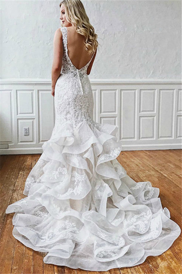 mermaid wedding dresses with ruffles and lace Lace Ruffled Tulle Corset Mermaid Wedding Dress
