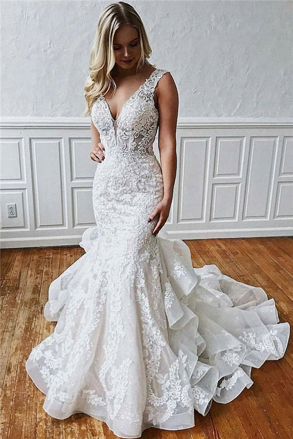 Modern Lace V Neck Mermaid Wedding Dresses Sleeveles With Ruffles Modern Lace V Neck Mermaid Wedding Dresses Sleeveles With Ruffles