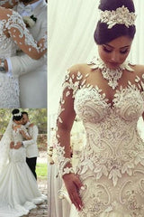 Modern Long Sleeves High Neck Lace Wedding Dress Bridal Gown-Ballbella