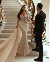 Modern Long Sleeves Mermaid Wedding Dress With Ruffles and Sequins Pleats-Ballbella