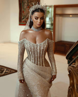 Modern Long Sleeves Mermaid Wedding Dress With Ruffles and Sequins Pleats-Ballbella