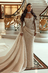 Modern Long Sleeves Mermaid Wedding Dress With Ruffles and Sequins Pleats-Ballbella