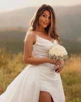 Modern Long White Wedding Dress Hight Split Sleeveless V-neck Satin Bridal Gowns-Ballbella