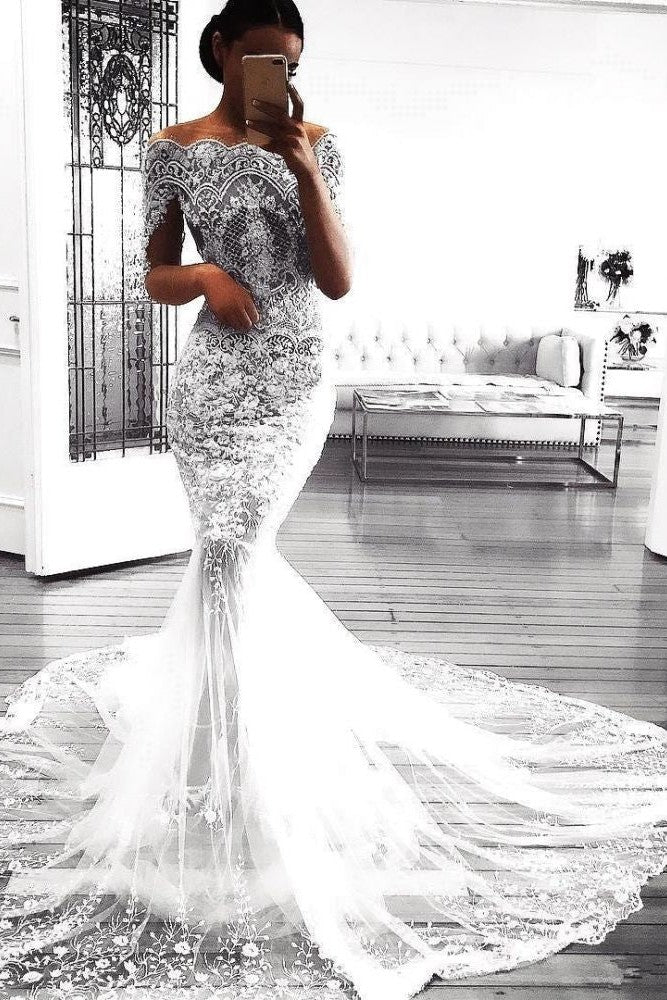 Modern Mermaid Long Sleeves Lace Wedding Dress Modern Flowers See Through Tulle Bride Dress Modern Mermaid Long Sleeves Lace Wedding Dress Modern Flowers See Through Tulle Bride Dress