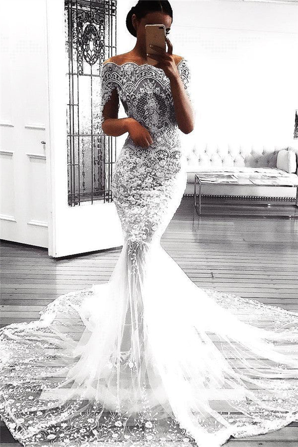 Modern Mermaid Long Sleeves Lace Wedding Dress Modern Flowers See Through Tulle Bride Dress Modern Mermaid Long Sleeves Lace Wedding Dress Modern Flowers See Through Tulle Bride Dress