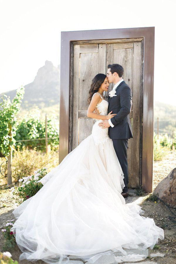 open back long train wedding dress Lauren Elaine Arabelle