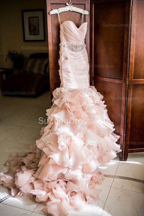 Modern Mermaid Sweetheart Wedding Dresses Pink Crystal Lace Up Lovely Ruffless Bridal Gowns Modern Mermaid Sweetheart Wedding Dresses Pink Crystal Lace Up Lovely Ruffless Bridal Gowns