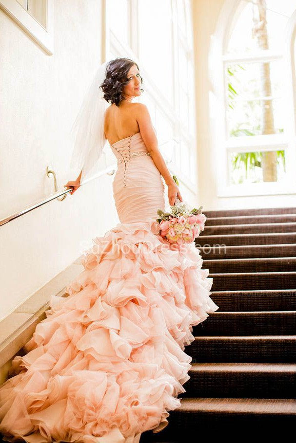 Modern Mermaid Sweetheart Wedding Dresses Pink Crystal Lace Up Lovely Ruffless Bridal Gowns Modern Mermaid Sweetheart Wedding Dresses Pink Crystal Lace Up Lovely Ruffless Bridal Gowns
