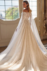 Modern Modest Off-the-Shoulder Long Sleevess Long Lace Wedding Dresses Online Beadings-Ballbella