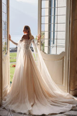 Modern Modest Off-the-Shoulder Long Sleevess Long Lace Wedding Dresses Online Beadings-Ballbella