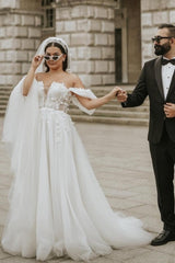 Modern Off-the-Shoulder Cap Sleeves Long tulle Wedding Dresses Online-Ballbella
