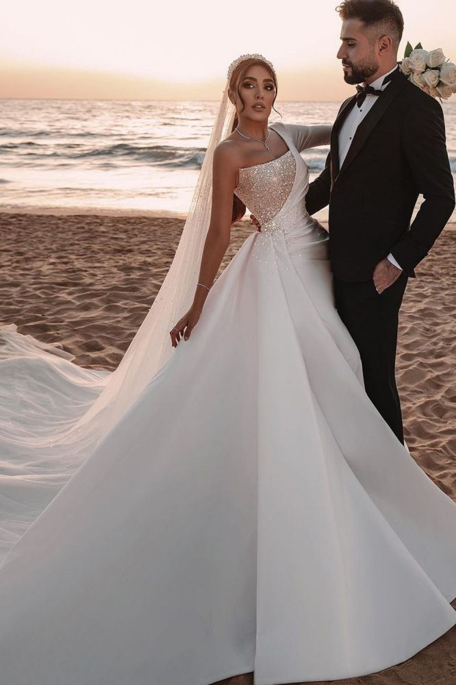 Modern One Shoulder Ruffles Satin Sparkly Seqiuns Mermaid Bridal Dress Modern One Shoulder Ruffles Satin Sparkly Seqiuns Mermaid Bridal Dress