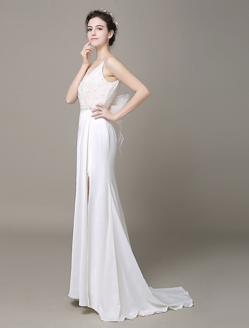Modern Satin Sheath Wedding Dress Plunging Neckline Bow Back Belt Lace Beading Evening Dress Milanoo Modern Satin Sheath Wedding Dress Plunging Neckline Bow Back Belt Lace Beading Evening Dress Milanoo