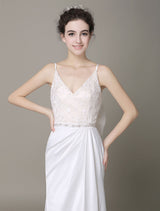 Modern Satin Sheath Wedding Dress Plunging Neckline Bow Back Belt Lace Beading Evening Dress Milanoo-Ballbella