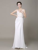 Modern Satin Sheath Wedding Dress Plunging Neckline Bow Back Belt Lace Beading Evening Dress Milanoo-Ballbella
