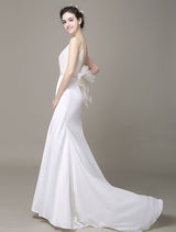 Modern Satin Sheath Wedding Dress Plunging Neckline Bow Back Belt Lace Beading Evening Dress Milanoo-Ballbella