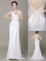 Modern Satin Sheath Wedding Dress Plunging Neckline Bow Back Belt Lace Beading Evening Dress Milanoo-Ballbella