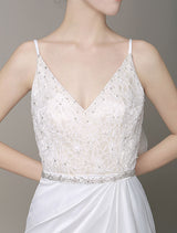 Modern Satin Sheath Wedding Dress Plunging Neckline Bow Back Belt Lace Beading Evening Dress Milanoo-Ballbella