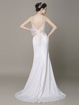 Modern Satin Sheath Wedding Dress Plunging Neckline Bow Back Belt Lace Beading Evening Dress Milanoo-Ballbella