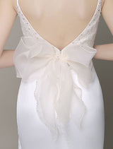 Modern Satin Sheath Wedding Dress Plunging Neckline Bow Back Belt Lace Beading Evening Dress Milanoo-Ballbella
