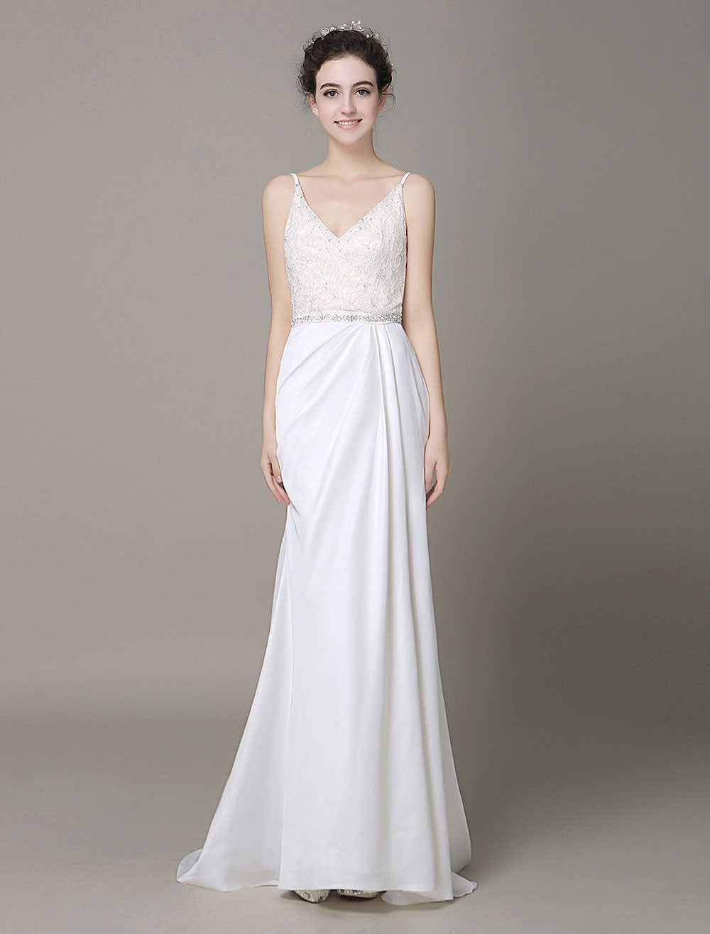 Modern Satin Sheath Wedding Dress Plunging Neckline Bow Back Belt Lace Beading Evening Dress Milanoo Modern Satin Sheath Wedding Dress Plunging Neckline Bow Back Belt Lace Beading Evening Dress Milanoo