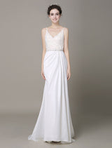 Modern Satin Sheath Wedding Dress Plunging Neckline Bow Back Belt Lace Beading Evening Dress Milanoo-Ballbella