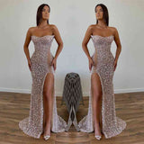 Modern Sequined Long Strapless A-line Evening Prom Dresses with Front Slit-Ballbella