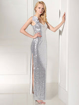 Modern Silver Evening Dress Sequin 2 Piece Mother Dress Sheath Split V Neck Flower Ankle Length Party Dress-Ballbella